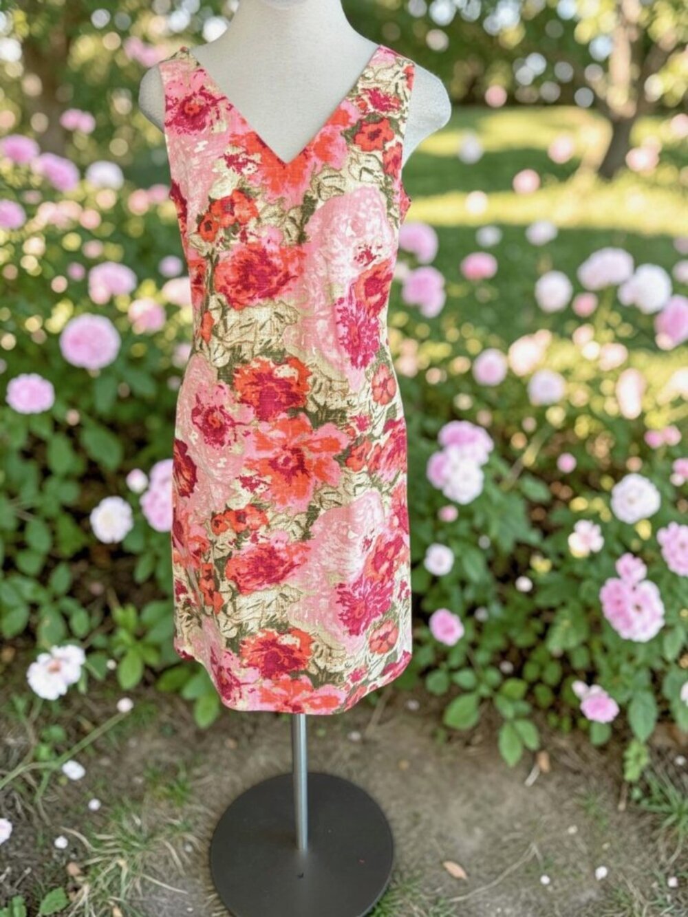 Talbots Floral Sheath Dress Pink Orange V Neck 100% Cotton Size 8
